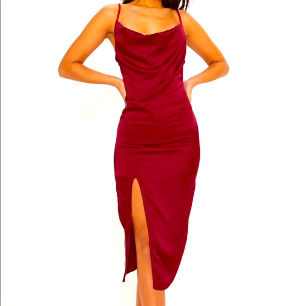 Burgundy Strappy Satin Cowl Midi Dress